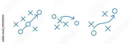 American Football Playbook Strategy Icons Collection Showing Tactical Game Plans, Player Movement Routes, X and O Formation Symbols, Coaching Diagram Vector Set.eps10