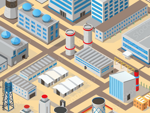 Isometric illustration of an industrial complex with smokestacks and buildings
