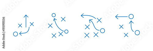 American Football Strategy Play Diagram Icon Set with X and O Players, Tactical Coaching Game Plan Routes, Offensive and Defensive Formation Arrows, Sports Playbook Vector Illustration.eps10