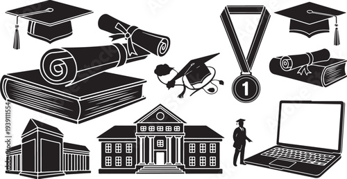 Education icons and graduation symbols in black and white