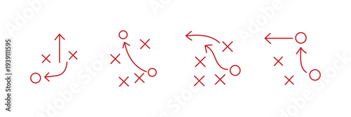 American Football Strategy Play Diagram Icon Set with X and O Players, Tactical Coaching Game Plan Routes, Offensive and Defensive Formation Arrows, Sports Playbook Vector Illustration.eps10
