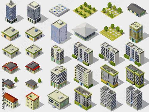 Isometric cityscape collection of various modern buildings and green spaces