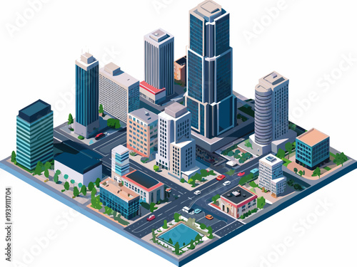 Isometric illustration of a modern city landscape with skyscrapers and streets