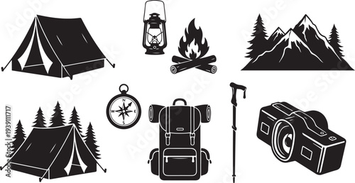Camping and hiking icons in black and white style