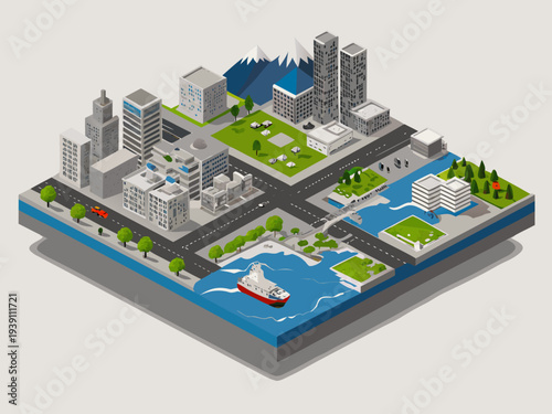 Isometric cityscape featuring modern buildings water transport and recreational areas