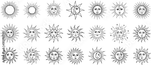 Sun Illustrations Set: Hand-Drawn Celestial Bodies with Faces and Crescent Moons