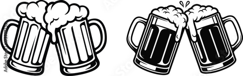 Two sets of beer mugs clinking together in celebration