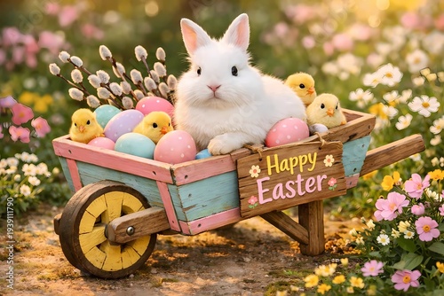 Playful Easter card shot of a bunny in a wheelbarrow filled with pastel eggs and chicks, with a 