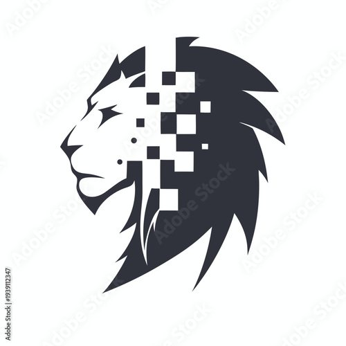 Canvas Print Symbolic Pixel Art Lion Head Design, Flat Vector Illustration in Two Colors
