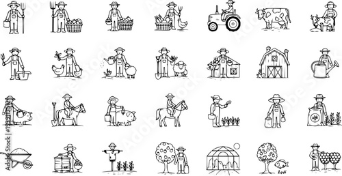 Hand Drawn Farming and Agriculture Icons Set: Farmers, Livestock, Crops, Tools, and Farm Buildings in Doodle Line Art Style