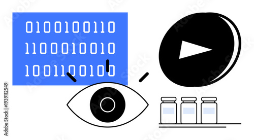 Data analysis, digital media, scientific research, visual security, artificial intelligence, technology use. Binary code screen, eye play button jars. Data analysis and digital media concept