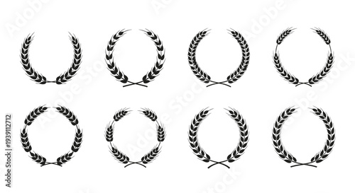 Minimal wheat wreath silhouette logo set featuring 4 agriculture branding variations including circular wheat wreath, open wheat branch frame, badge emblem wreath, and crossed wheat symbol.