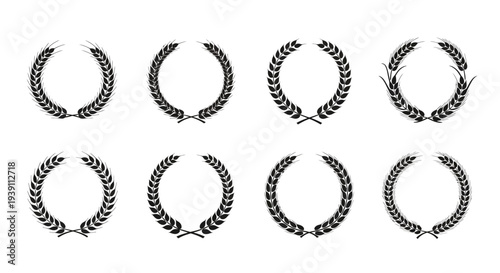 Minimal wheat wreath silhouette logo set featuring 4 agriculture branding variations including circular wheat wreath, open wheat branch frame, badge emblem wreath, and crossed wheat symbol.