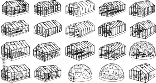 Detailed black and white line art illustration showing a diverse collection of different greenhouse types and architectural designs for gardening and agriculture.