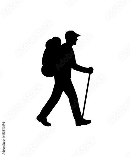 Hiker silhouette trekking with backpack and walking pole