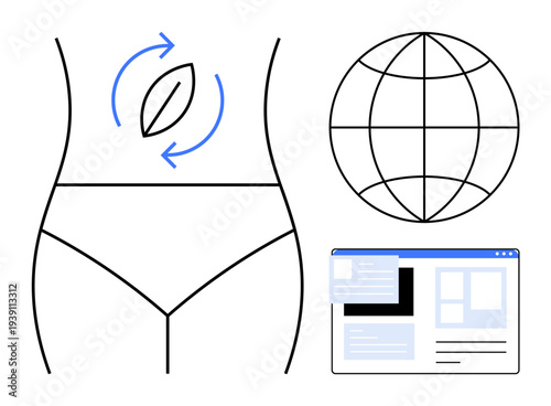 Holistic health, wellness technology, digestive health, global reach, digital platforms, and online services. Body outline with digestive graphic and icons for global and digital concepts. Wellness