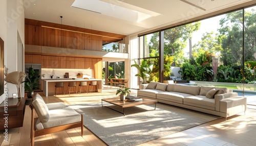 Spacious modern living area with large windows and lush garden view
