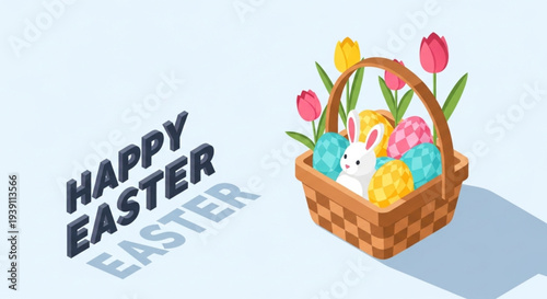 Easter basket with colorful eggs and bunny surrounded by tulips