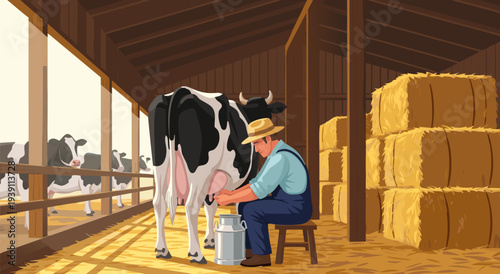 Farmer milking a cow in a barn illustration, hay bales and other cows in the background, vector art