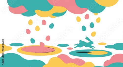 Vibrant abstract illustration of a person jumping with colorful clouds and shapes