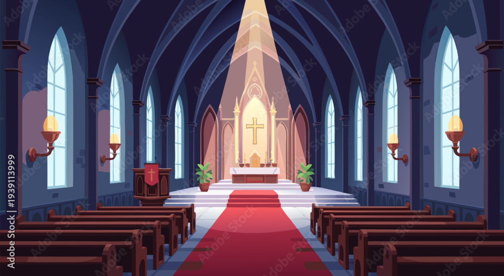 Εκτύπωση καμβά Vibrant Vector Illustration of a Grand Church Interior with Pews, Altar, and Sta