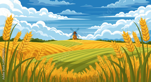 Golden Wheat Field Landscape with Windmill A Vibrant Vector Illustration of a Rural Scene Under a Cloudy Blue Sky