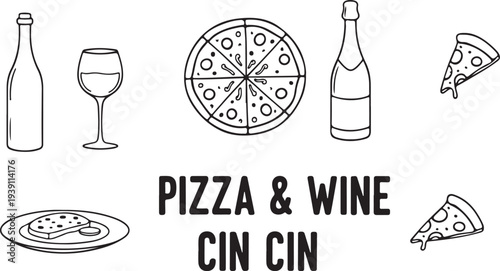 Set of 8 pizza and wine icons vector