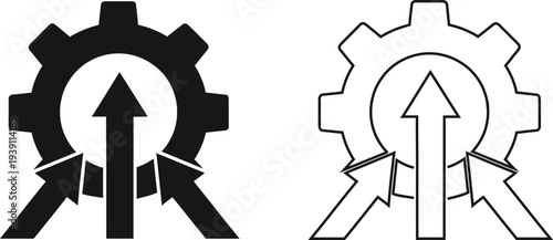 Gear icons with arrows indicating progress and growth