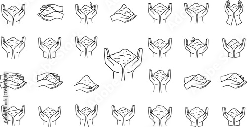 Hands Holding Soil or Sand Line Art Set: Icon Collection for Gardening, Farming, and Environmental Concepts