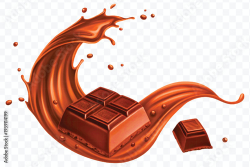 abstract 3d chocolate bar into liquid chocolate splash with bubbles in curve style isolated on transparent background