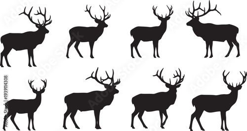 Set of 8 deer silhouettes vector