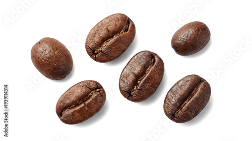 Photograph of six rich, dark roasted coffee beans, scattered with soft shadows, isolated on a transparent background.