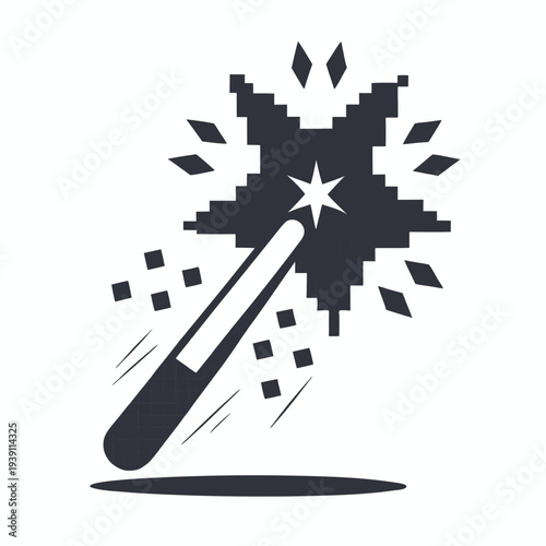 Pixel Art Magic Wand Icon, Minimalist 8-Bit Retro Gaming Wizard Tool in Two Solid Colors