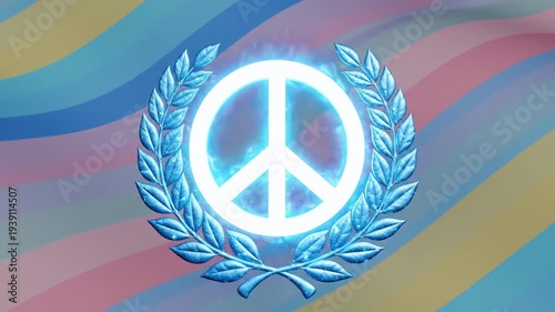 Glowing peace symbol with blue laurel wreath on abstract background