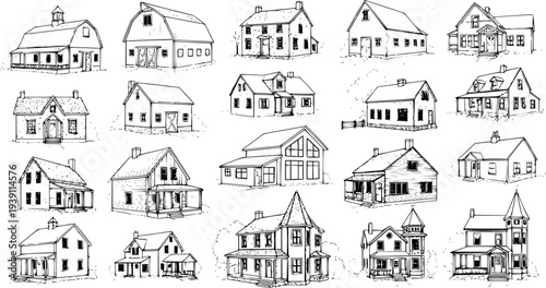 Hand-Drawn Architectural Sketches: Diverse Houses and Barns, Black and White Line Art Collection