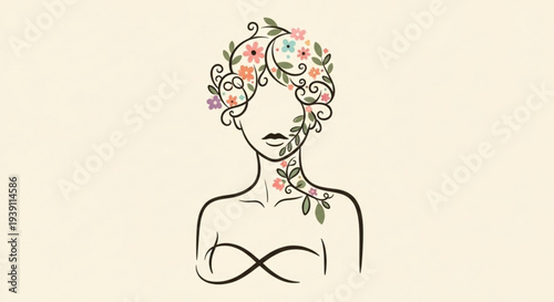 A minimalist line art illustration of a woman with flowers in her hair