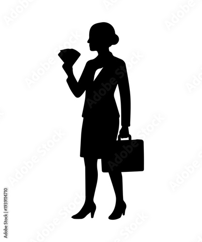Businesswoman holding briefcase with money showing wealth silhouette