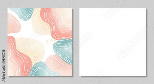 A colorful abstract vector graphic design featuring a patterned card next to a blank card on a gray background