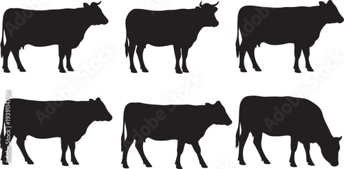 Set of 6 black cow silhouettes vector