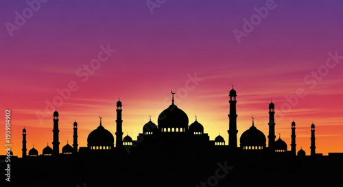 A serene silhouette of a mosque at sunset with vibrant colors in the sky