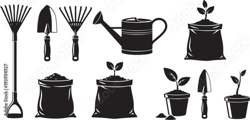 Gardening tools and plants in black silhouette style illustration
