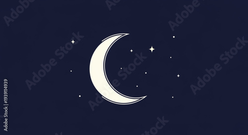 A minimalist vector graphic of a crescent moon and stars in a dark blue night sky