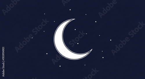 A minimalist vector graphic of a crescent moon and stars in a dark blue night sky