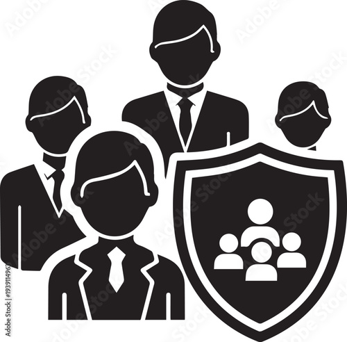 Business team protection shield vector illustration silhouette showing group security icons