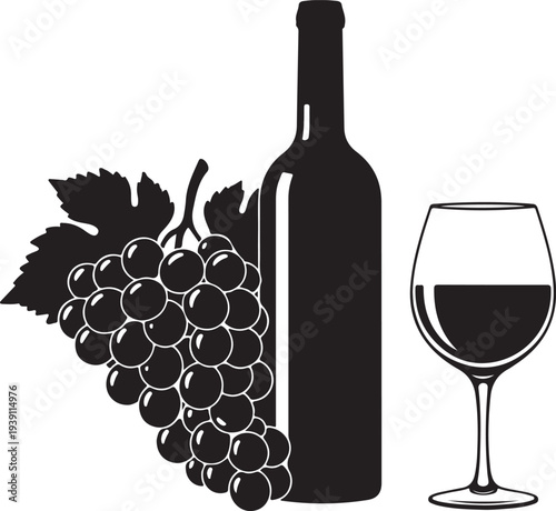 Black wine bottle, grapes and glass vector icon