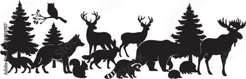 Black Silhouette Vector Collection of Forest Animals and Pine Trees isolated PNG with Transparent Background