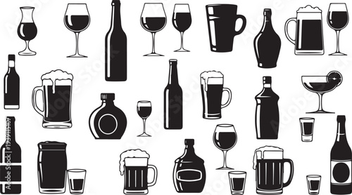 Set of 25 black alcohol drink icons vector
