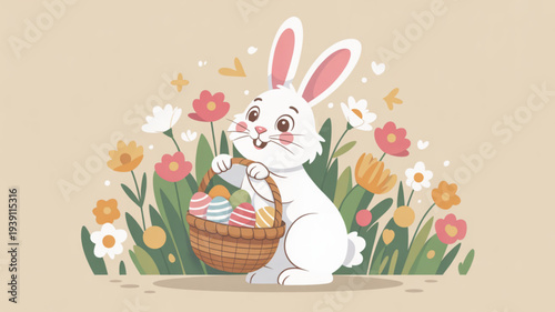 White easter bunny with basket of eggs standing among colorful spring flowers and grass in cartoon style illustration