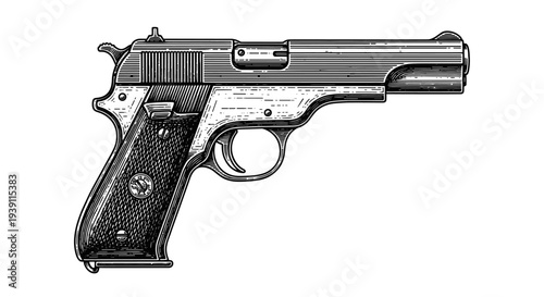 classic handgun pistol detailed vintage engraving weapon illustration antique firearm hand drawn woodcut style isolated