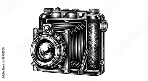 antique folding camera detailed vintage engraving illustration classic photographic equipment retro photography device hand drawn woodcut style